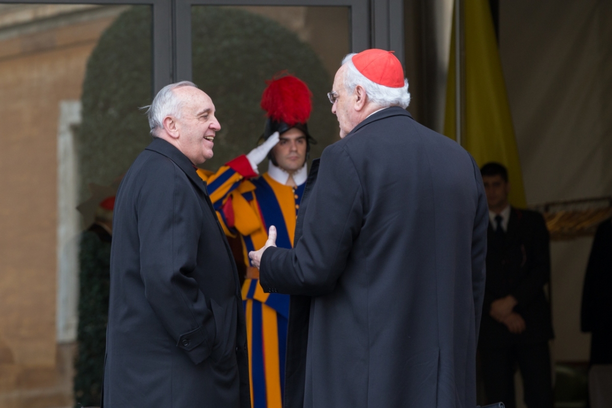 Vatican City: Cardinals Amigo and Bergoglio, later Pope Francis. IX Congregation of Cardinals before the election of Pope Francis. Photo: Gustavo Kralj/GaudiumpressImages