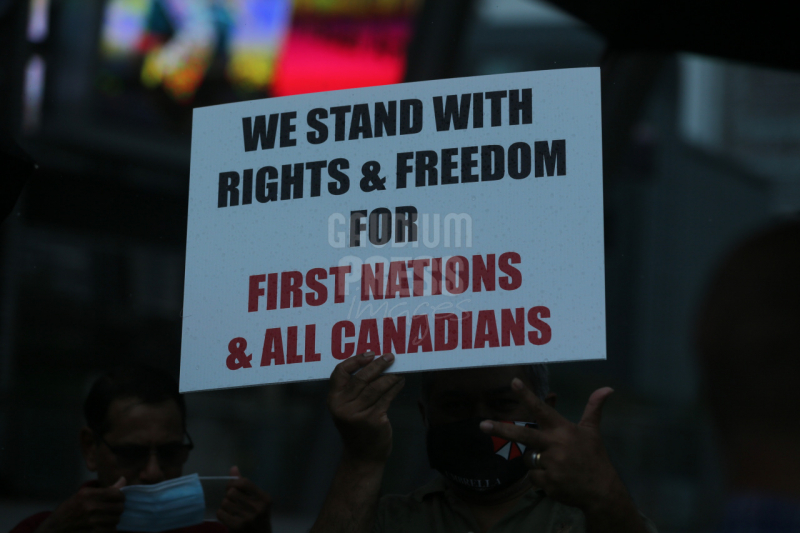Ontario, Canada: Protesters react to the recent burnings and vandalizing of Churches. The protesters gathered this weekend  at Square One, in Mississauga. Photo: Gustavo Kralj/Gaudiumpress Images
