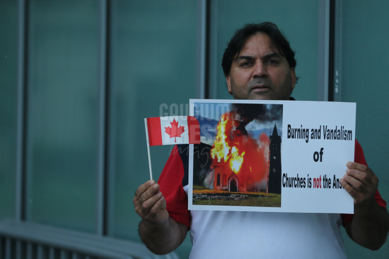 Ontario, Canada: Protesters react to the recent burnings and vandalizing of Churches. The protesters gathered this weekend  at Square One, in Mississauga. Photo: Gustavo Kralj/Gaudiumpress Images