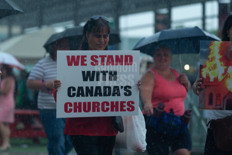 Ontario, Canada: Protesters react to the recent burnings and vandalizing of Churches. The protesters gathered this weekend  at Square One, in Mississauga. Photo: Gustavo Kralj/Gaudiumpress Images