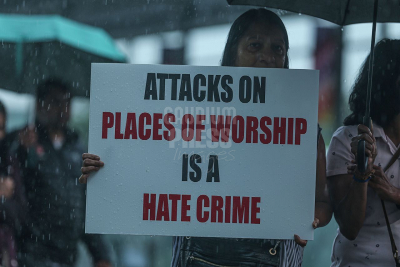 Ontario, Canada: Protesters react to the recent burnings and vandalizing of Churches. The protesters gathered this weekend  at Square One, in Mississauga. Photo: Gustavo Kralj/Gaudiumpress Images
