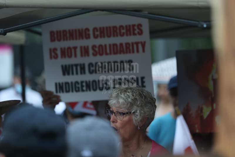 Ontario, Canada: Protesters react to the recent burnings and vandalizing of Churches. The protesters gathered this weekend  at Square One, in Mississauga. Photo: Gustavo Kralj/Gaudiumpress Images