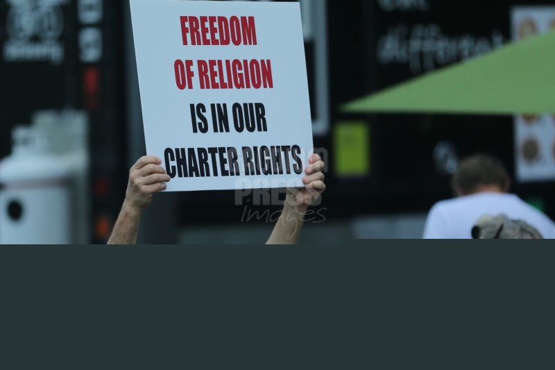Ontario, Canada: Protesters react to the recent burnings and vandalizing of Churches. The protesters gathered this weekend  at Square One, in Mississauga. Photo: Gustavo Kralj/Gaudiumpress Images
