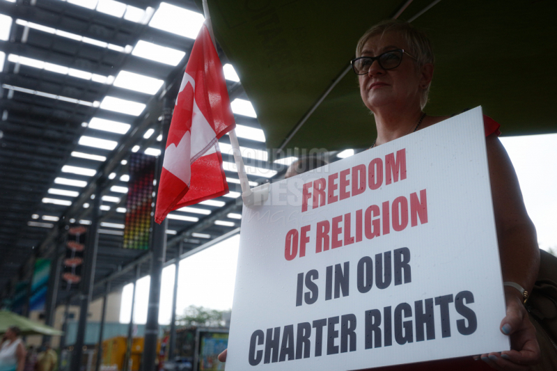 Ontario, Canada: Protesters react to the recent burnings and vandalizing of Churches. The protesters gathered this weekend  at Square One, in Mississauga. Photo: Gustavo Kralj/Gaudiumpress Images