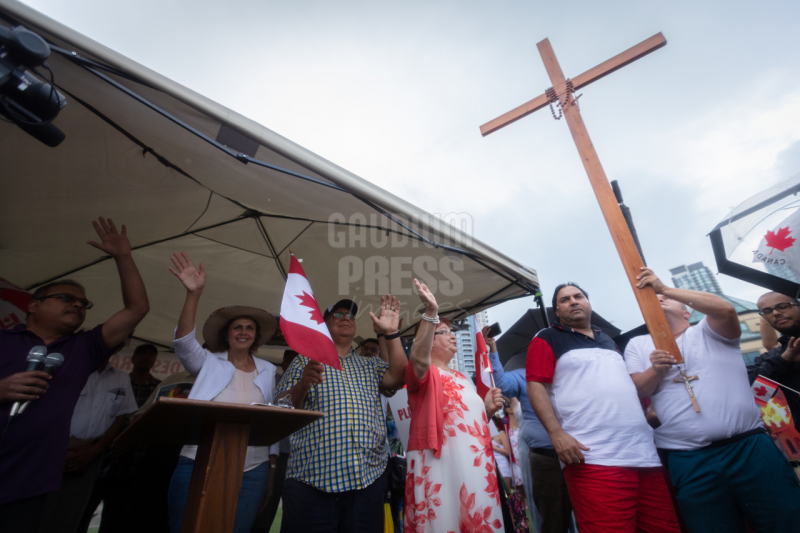 Ontario, Canada: Protesters react to the recent burnings and vandalizing of Churches. The protesters gathered this weekend  at Square One, in Mississauga. Photo: Gustavo Kralj/Gaudiumpress Images