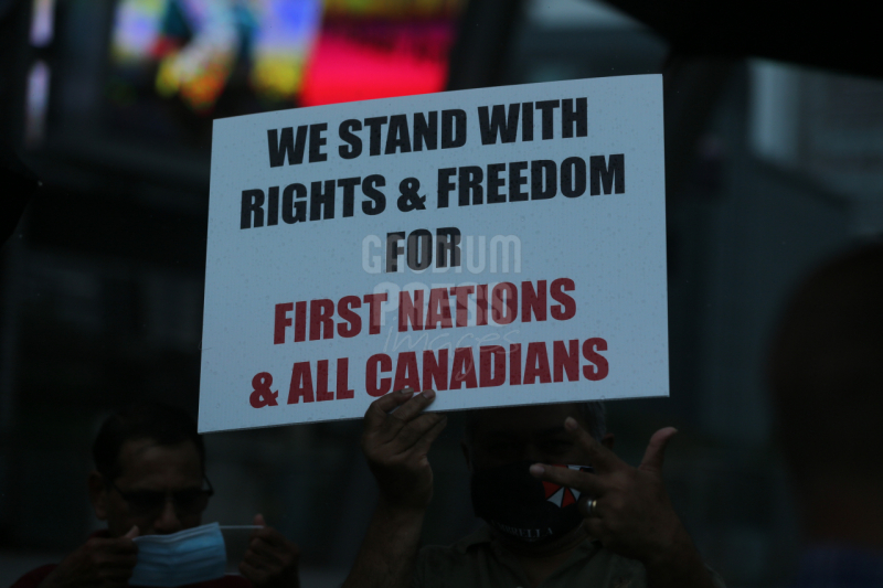 Ontario, Canada: Protesters react to the recent burnings and vandalizing of Churches. The protesters gathered this weekend  at Square One, in Mississauga. Photo: Gustavo Kralj/Gaudiumpress Images