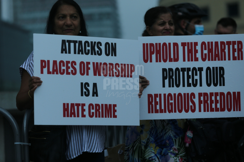 Ontario, Canada: Protesters react to the recent burnings and vandalizing of Churches. The protesters gathered this weekend  at Square One, in Mississauga. Photo: Gustavo Kralj/Gaudiumpress Images