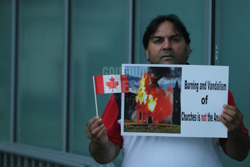 Ontario, Canada: Protesters react to the recent burnings and vandalizing of Churches. The protesters gathered this weekend  at Square One, in Mississauga. Photo: Gustavo Kralj/Gaudiumpress Images