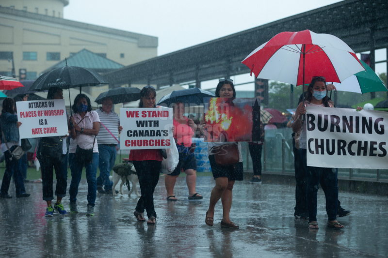 Ontario, Canada: Protesters react to the recent burnings and vandalizing of Churches. The protesters gathered this weekend  at Square One, in Mississauga. Photo: Gustavo Kralj/Gaudiumpress Images
