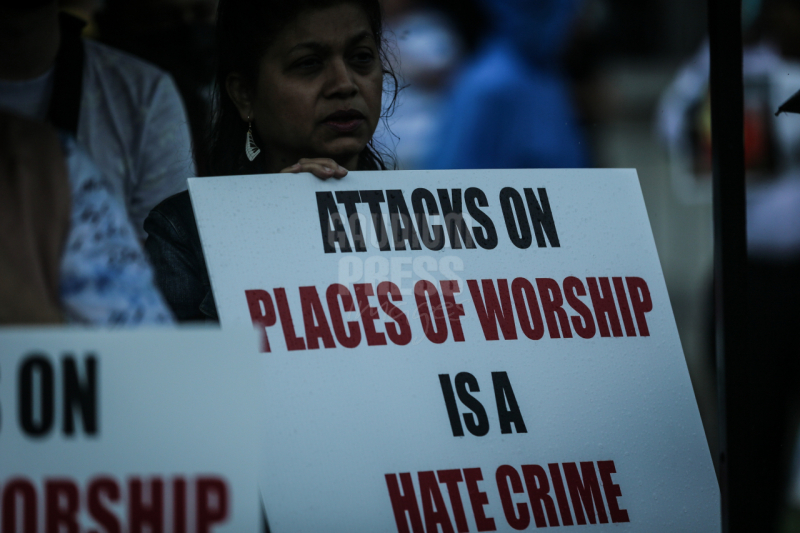 Ontario, Canada: Protesters react to the recent burnings and vandalizing of Churches. The protesters gathered this weekend  at Square One, in Mississauga. Photo: Gustavo Kralj/Gaudiumpress Images