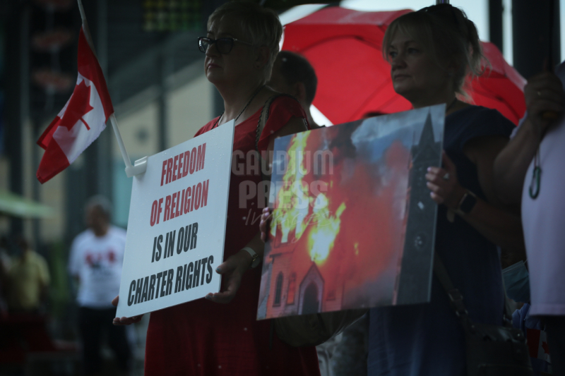 Ontario, Canada: Protesters react to the recent burnings and vandalizing of Churches. The protesters gathered this weekend  at Square One, in Mississauga. Photo: Gustavo Kralj/Gaudiumpress Images