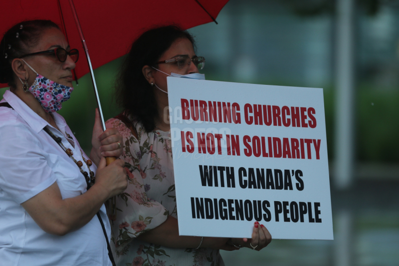 Ontario, Canada: Protesters react to the recent burnings and vandalizing of Churches. The protesters gathered this weekend  at Square One, in Mississauga. Photo: Gustavo Kralj/Gaudiumpress Images