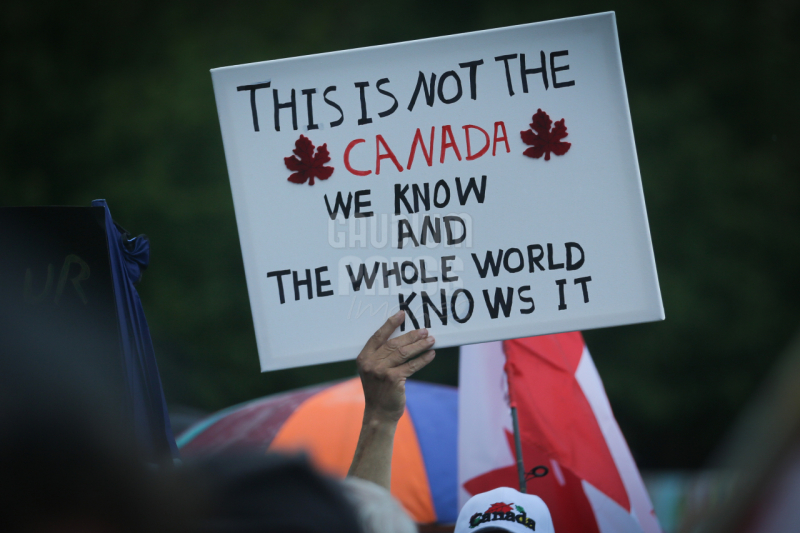 Ontario, Canada: Protesters react to the recent burnings and vandalizing of Churches. The protesters gathered this weekend  at Square One, in Mississauga. Photo: Gustavo Kralj/Gaudiumpress Images