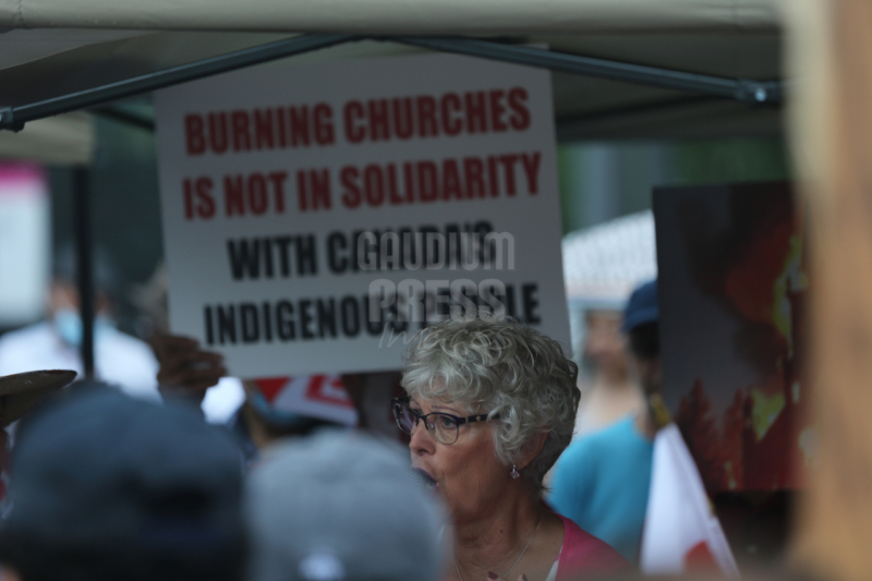 Ontario, Canada: Protesters react to the recent burnings and vandalizing of Churches. The protesters gathered this weekend  at Square One, in Mississauga. Photo: Gustavo Kralj/Gaudiumpress Images