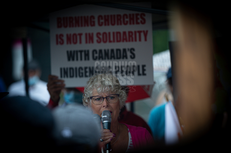 Ontario, Canada: Protesters react to the recent burnings and vandalizing of Churches. The protesters gathered this weekend  at Square One, in Mississauga. Photo: Gustavo Kralj/Gaudiumpress Images