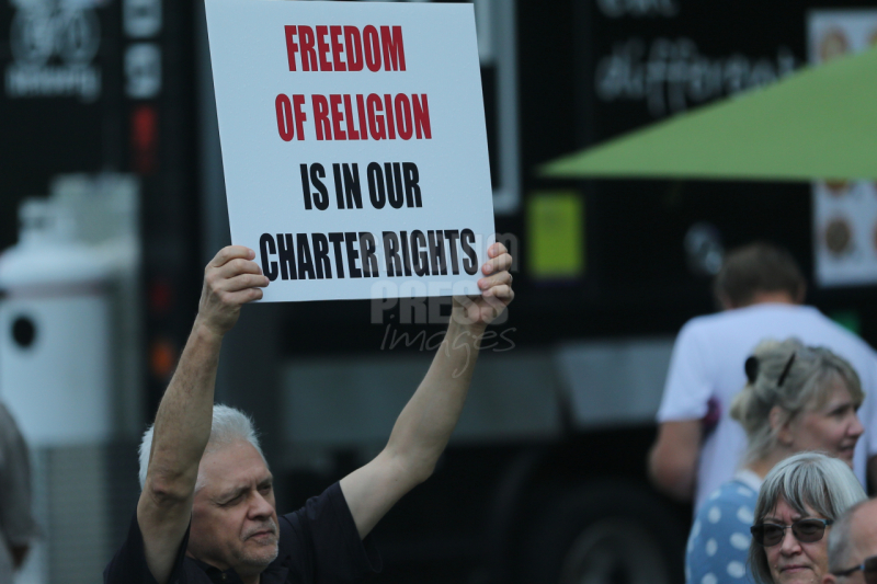 Ontario, Canada: Protesters react to the recent burnings and vandalizing of Churches. The protesters gathered this weekend  at Square One, in Mississauga. Photo: Gustavo Kralj/Gaudiumpress Images