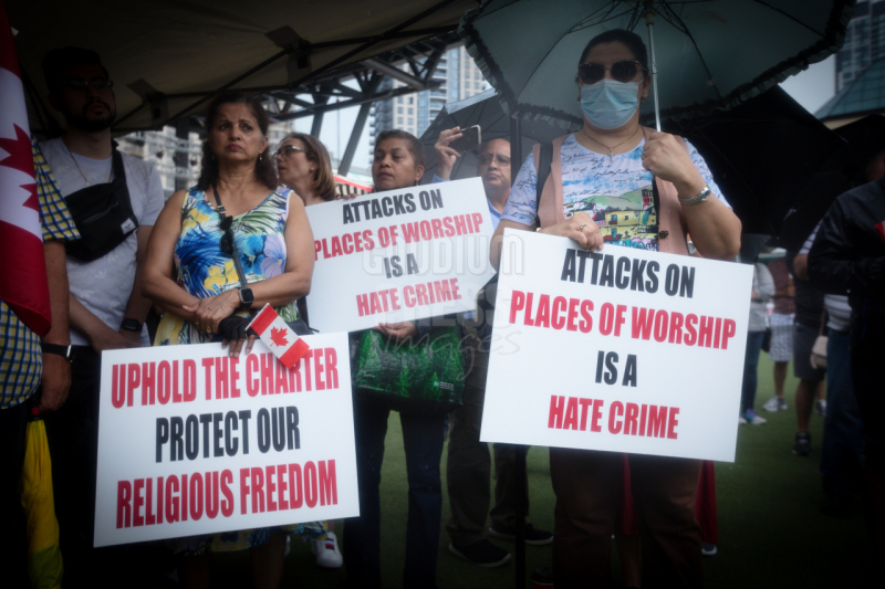 Ontario, Canada: Protesters react to the recent burnings and vandalizing of Churches. The protesters gathered this weekend  at Square One, in Mississauga. Photo: Gustavo Kralj/Gaudiumpress Images