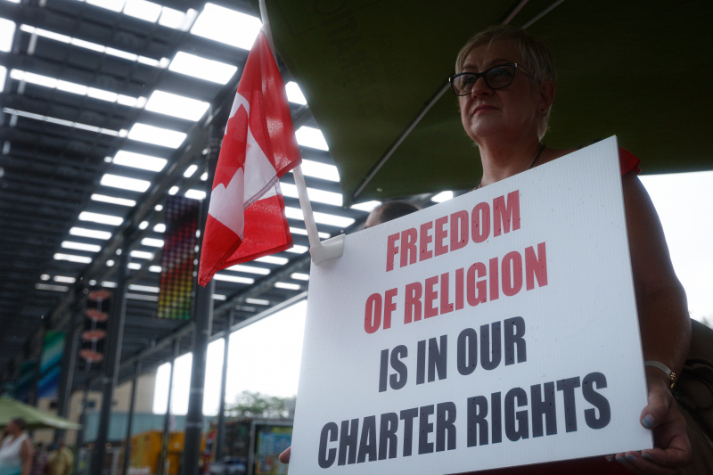 Ontario, Canada: Protesters react to the recent burnings and vandalizing of Churches. The protesters gathered this weekend  at Square One, in Mississauga. Photo: Gustavo Kralj/Gaudiumpress Images
