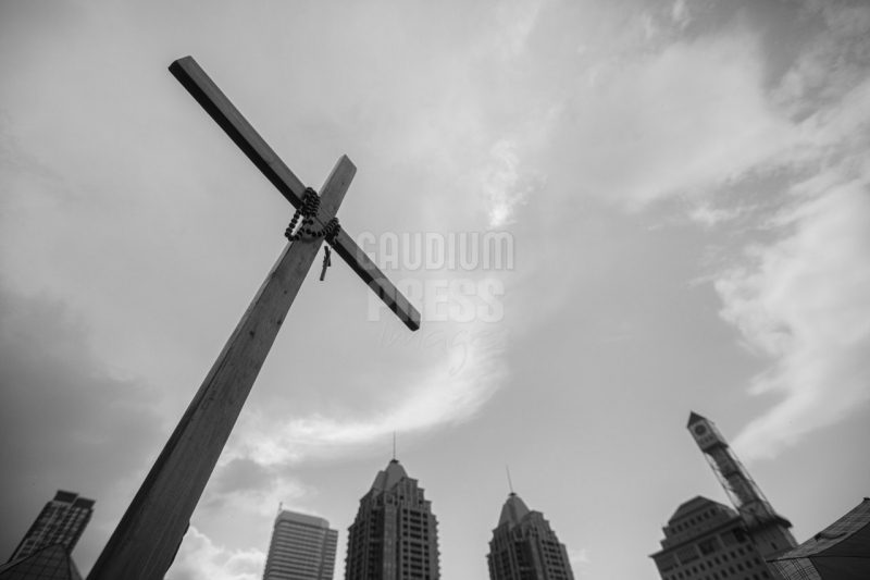 Ontario, Canada: Protesters react to the recent burnings and vandalizing of Churches. The protesters gathered this weekend  at Square One, in Mississauga. Photo: Gustavo Kralj/Gaudiumpress Images
