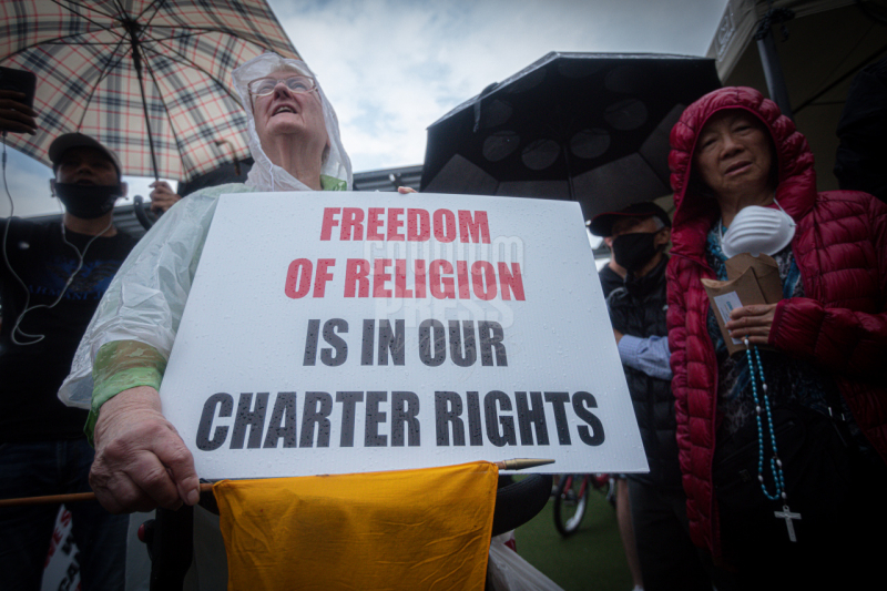 Ontario, Canada: Protesters react to the recent burnings and vandalizing of Churches. The protesters gathered this weekend  at Square One, in Mississauga. Photo: Gustavo Kralj/Gaudiumpress Images