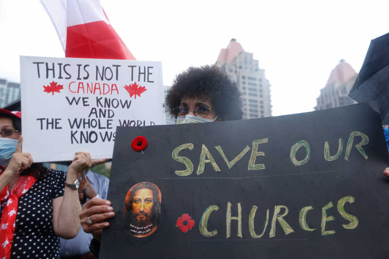 Ontario, Canada: Protesters react to the recent burnings and vandalizing of Churches. The protesters gathered this weekend  at Square One, in Mississauga. Photo: Gustavo Kralj/Gaudiumpress Images