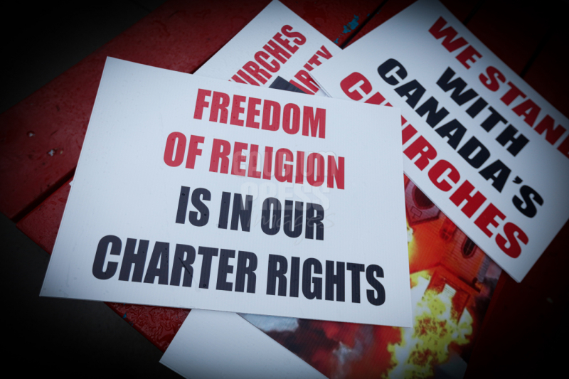 Ontario, Canada: Protesters react to the recent burnings and vandalizing of Churches. The protesters gathered this weekend  at Square One, in Mississauga. Photo: Gustavo Kralj/Gaudiumpress Images