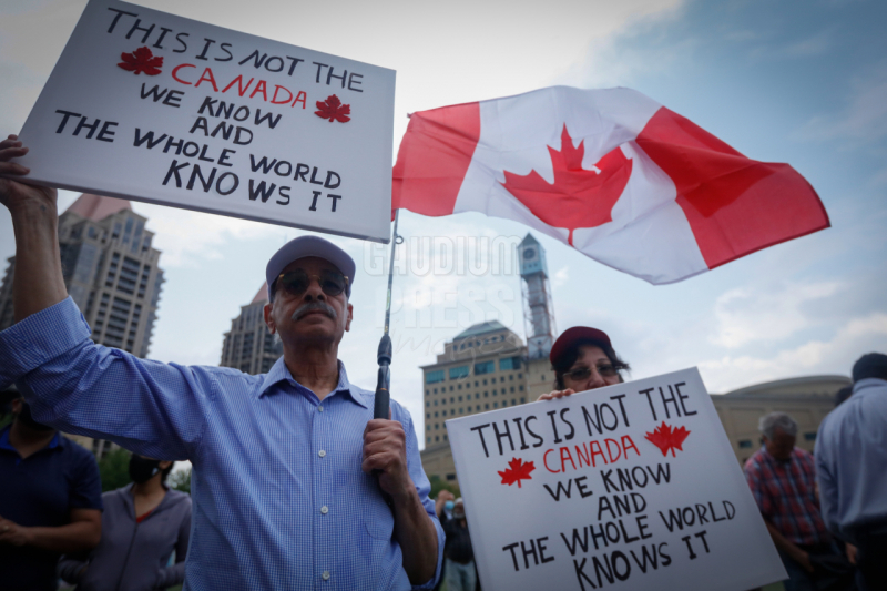 Ontario, Canada: Protesters react to the recent burnings and vandalizing of Churches. The protesters gathered this weekend  at Square One, in Mississauga. Photo: Gustavo Kralj/Gaudiumpress Images