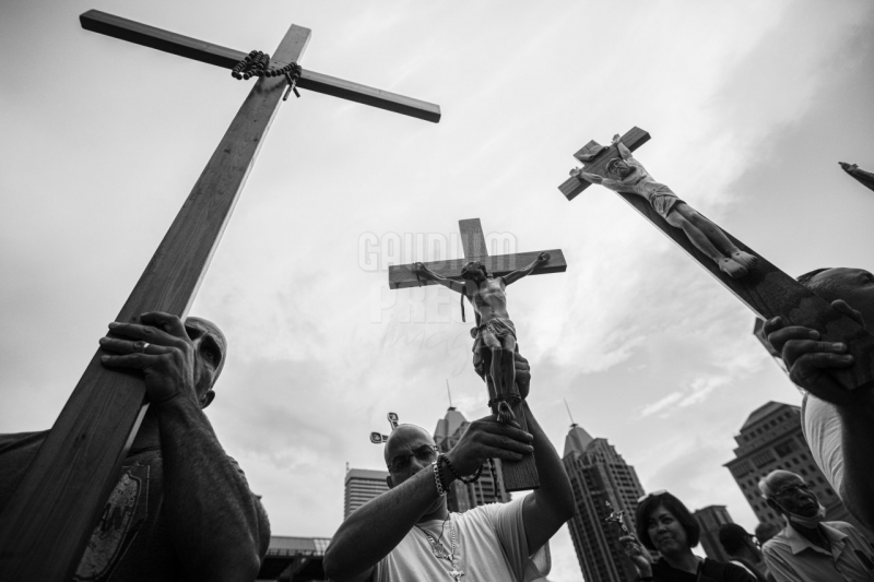 Ontario, Canada: Protesters react to the recent burnings and vandalizing of Churches. The protesters gathered this weekend  at Square One, in Mississauga. Photo: Gustavo Kralj/Gaudiumpress Images