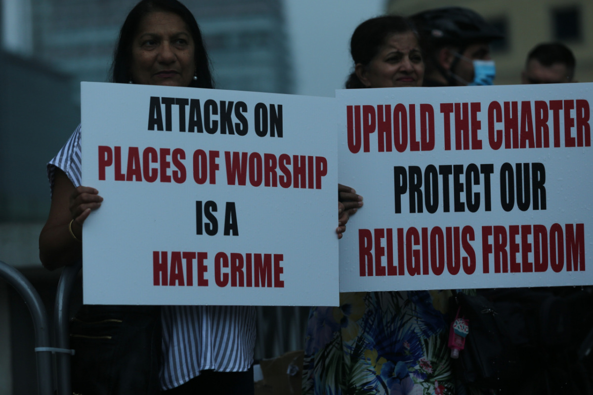 Ontario, Canada: Protesters react to the recent burnings and vandalizing of Churches. The protesters gathered this weekend  at Square One, in Mississauga. Photo: Gustavo Kralj/Gaudiumpress Images