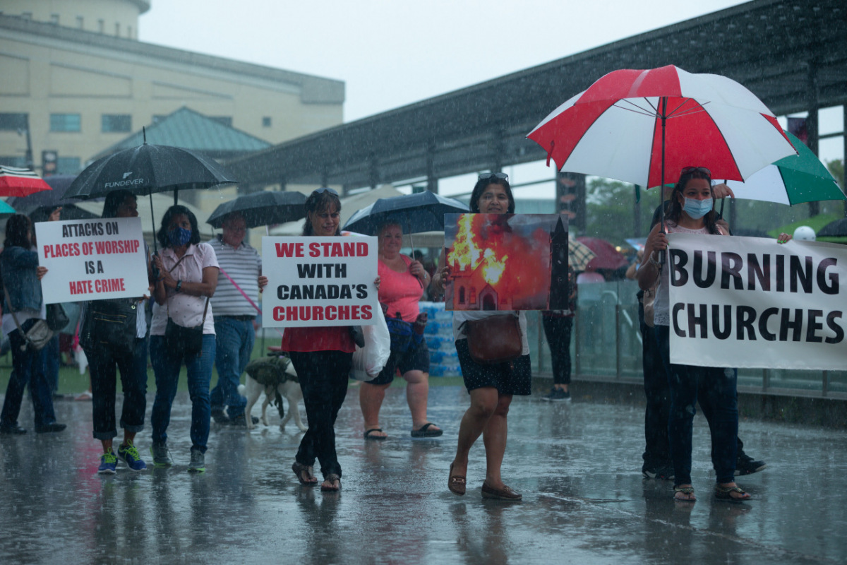Ontario, Canada: Protesters react to the recent burnings and vandalizing of Churches. The protesters gathered this weekend  at Square One, in Mississauga. Photo: Gustavo Kralj/Gaudiumpress Images