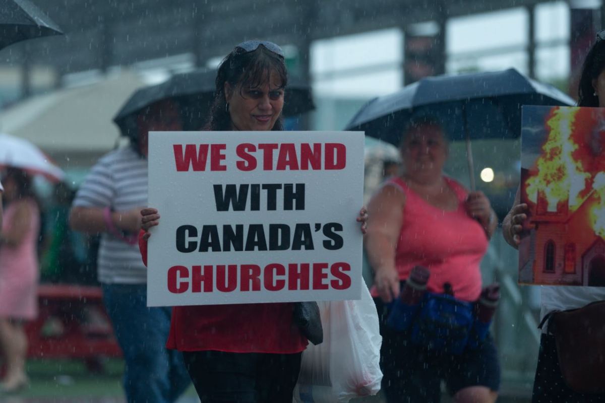 Ontario, Canada: Protesters react to the recent burnings and vandalizing of Churches. The protesters gathered this weekend  at Square One, in Mississauga. Photo: Gustavo Kralj/Gaudiumpress Images