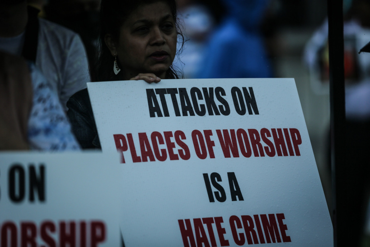 Ontario, Canada: Protesters react to the recent burnings and vandalizing of Churches. The protesters gathered this weekend  at Square One, in Mississauga. Photo: Gustavo Kralj/Gaudiumpress Images