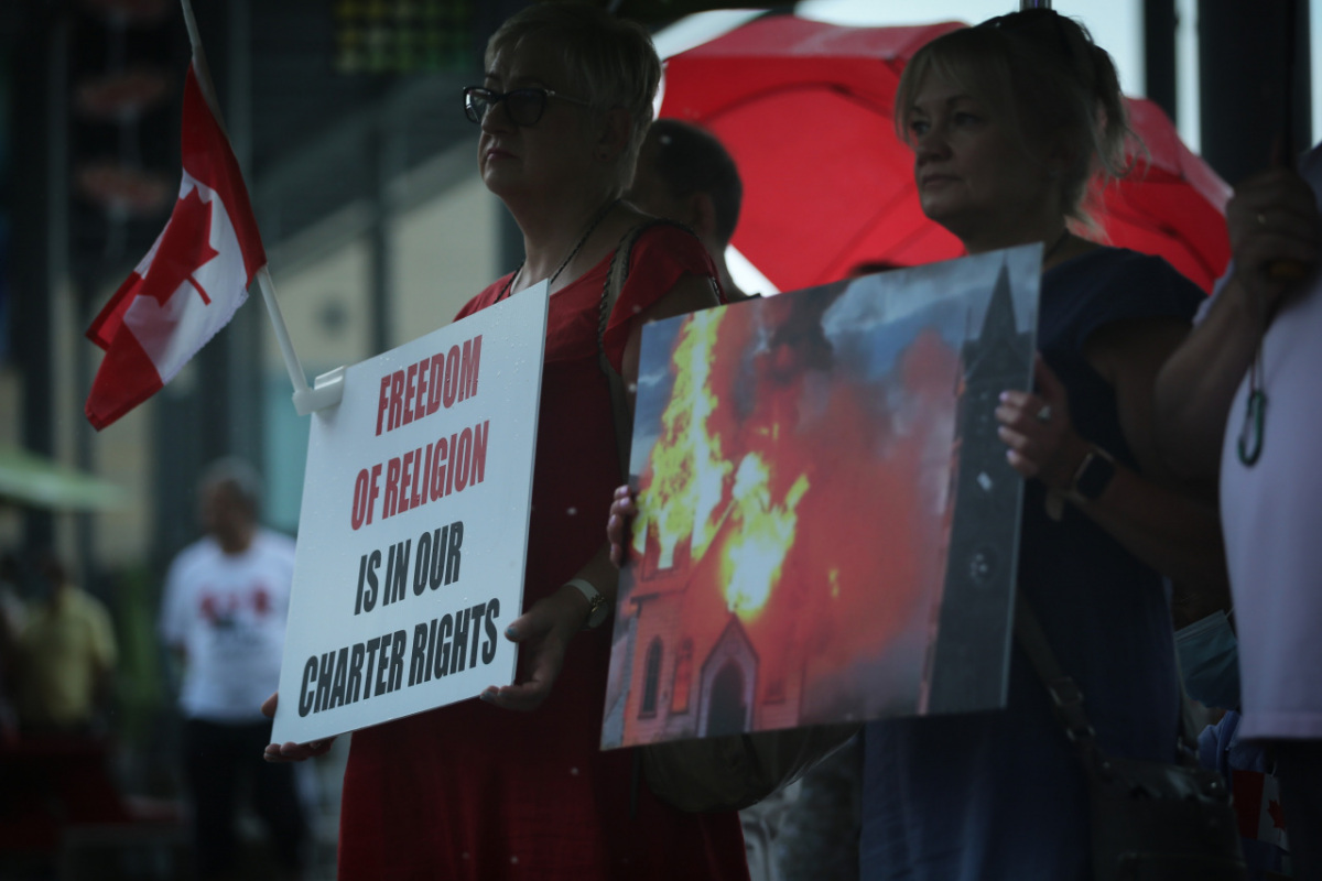 Ontario, Canada: Protesters react to the recent burnings and vandalizing of Churches. The protesters gathered this weekend  at Square One, in Mississauga. Photo: Gustavo Kralj/Gaudiumpress Images