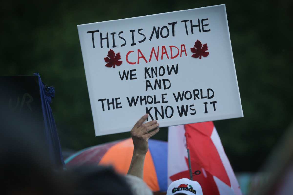 Ontario, Canada: Protesters react to the recent burnings and vandalizing of Churches. The protesters gathered this weekend  at Square One, in Mississauga. Photo: Gustavo Kralj/Gaudiumpress Images