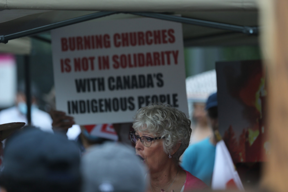 Ontario, Canada: Protesters react to the recent burnings and vandalizing of Churches. The protesters gathered this weekend  at Square One, in Mississauga. Photo: Gustavo Kralj/Gaudiumpress Images
