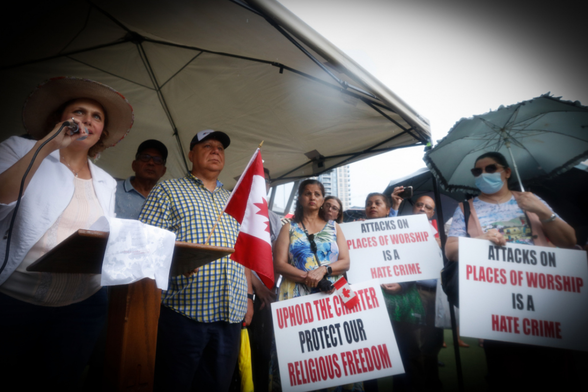 Ontario, Canada: Protesters react to the recent burnings and vandalizing of Churches. The protesters gathered this weekend  at Square One, in Mississauga. Photo: Gustavo Kralj/Gaudiumpress Images