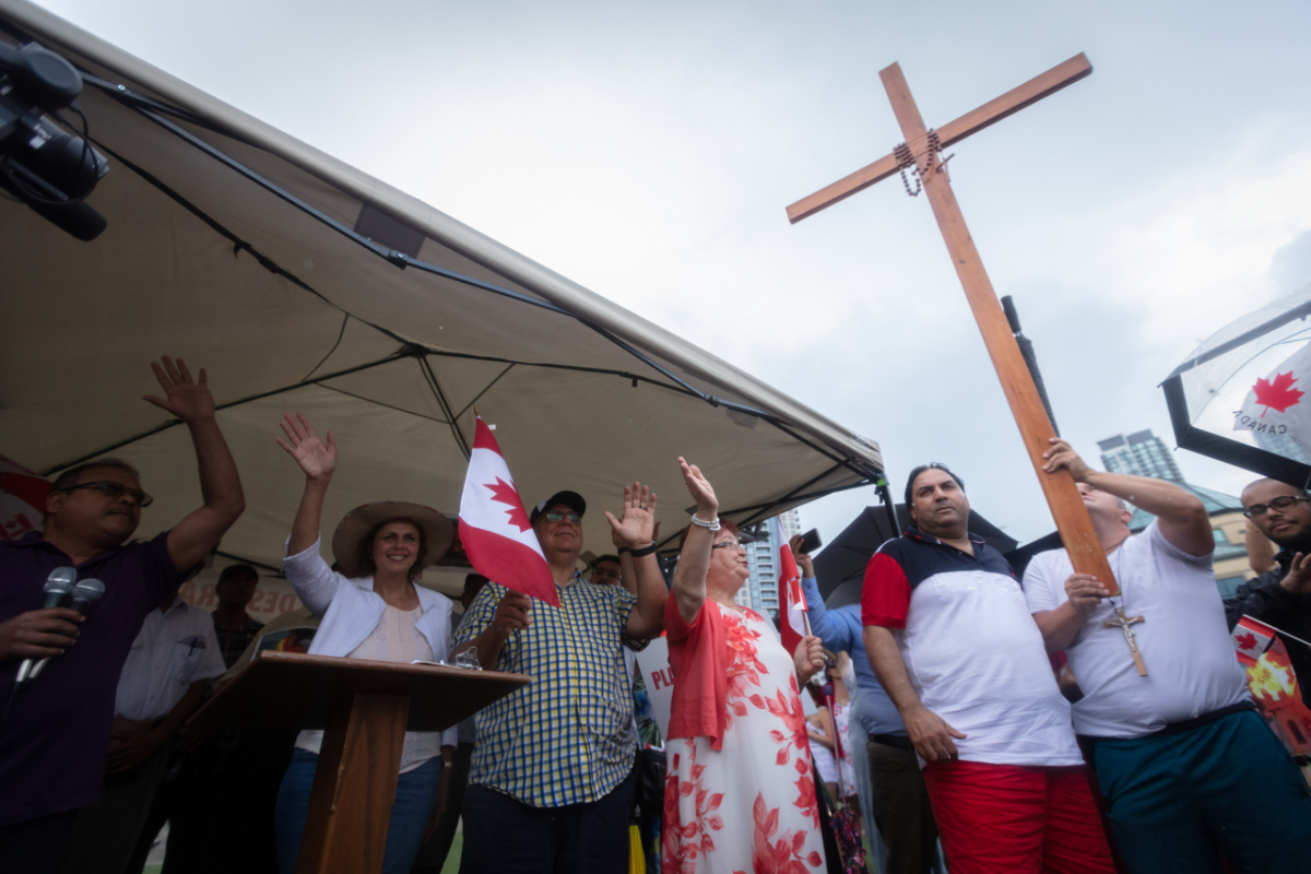 Ontario, Canada: Protesters react to the recent burnings and vandalizing of Churches. The protesters gathered this weekend  at Square One, in Mississauga. Photo: Gustavo Kralj/Gaudiumpress Images