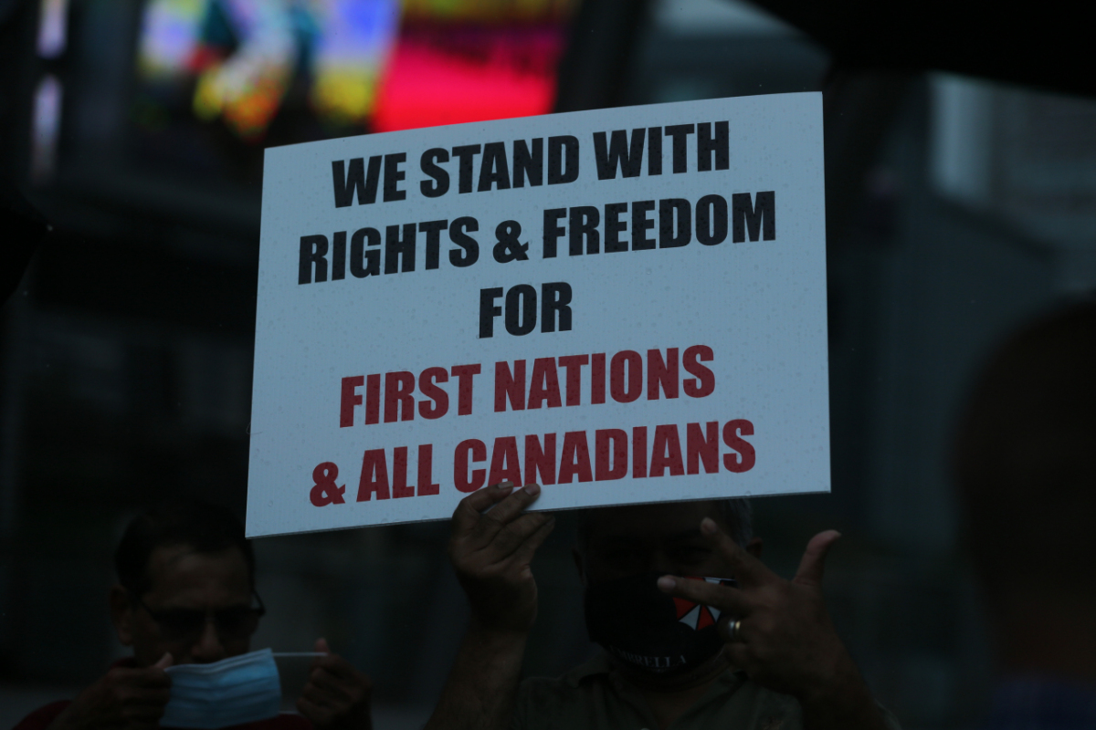 Ontario, Canada: Protesters react to the recent burnings and vandalizing of Churches. The protesters gathered this weekend  at Square One, in Mississauga. Photo: Gustavo Kralj/Gaudiumpress Images