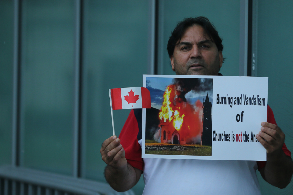 Ontario, Canada: Protesters react to the recent burnings and vandalizing of Churches. The protesters gathered this weekend  at Square One, in Mississauga. Photo: Gustavo Kralj/Gaudiumpress Images
