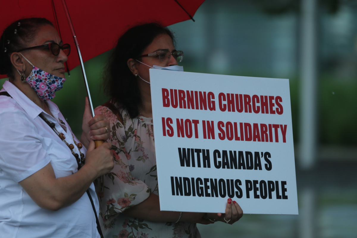 Ontario, Canada: Protesters react to the recent burnings and vandalizing of Churches. The protesters gathered this weekend  at Square One, in Mississauga. Photo: Gustavo Kralj/Gaudiumpress Images