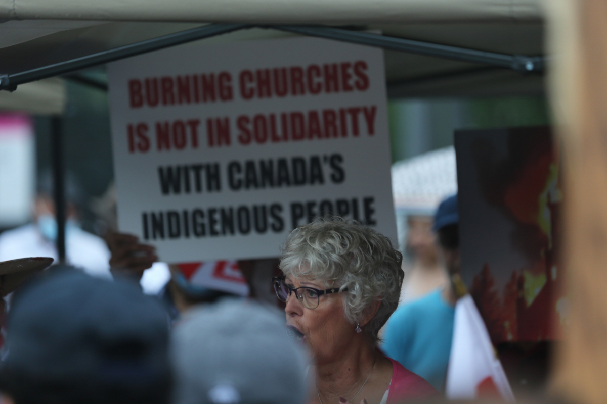 Ontario, Canada: Protesters react to the recent burnings and vandalizing of Churches. The protesters gathered this weekend  at Square One, in Mississauga. Photo: Gustavo Kralj/Gaudiumpress Images