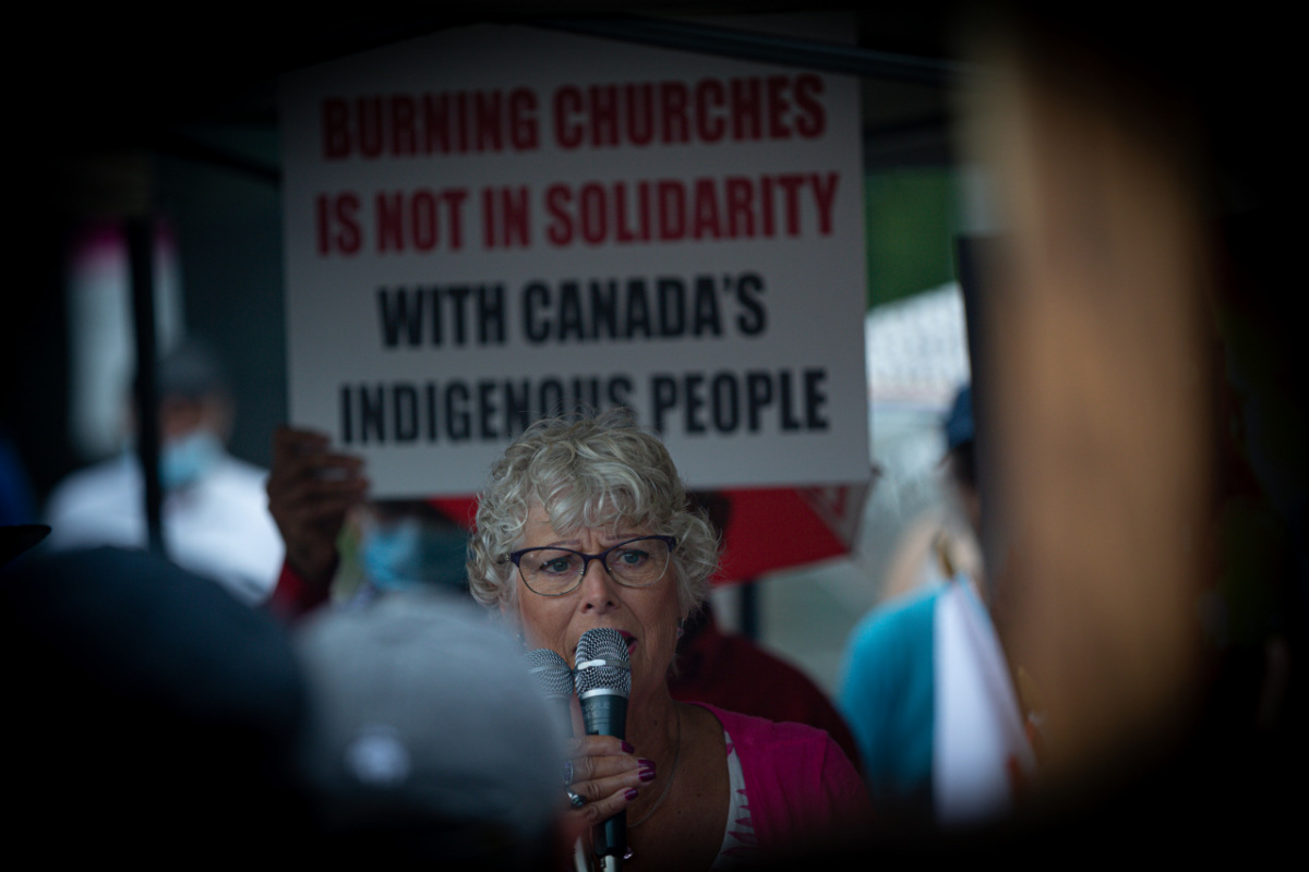 Ontario, Canada: Protesters react to the recent burnings and vandalizing of Churches. The protesters gathered this weekend  at Square One, in Mississauga. Photo: Gustavo Kralj/Gaudiumpress Images