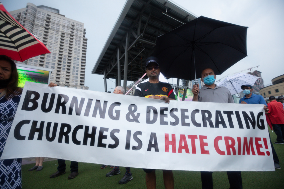 Ontario, Canada: Protesters react to the recent burnings and vandalizing of Churches. The protesters gathered this weekend  at Square One, in Mississauga. Photo: Gustavo Kralj/Gaudiumpress Images