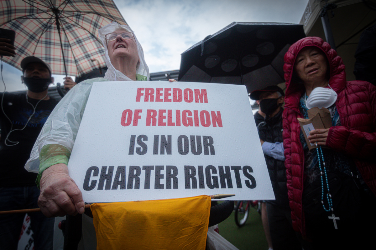 Ontario, Canada: Protesters react to the recent burnings and vandalizing of Churches. The protesters gathered this weekend  at Square One, in Mississauga. Photo: Gustavo Kralj/Gaudiumpress Images