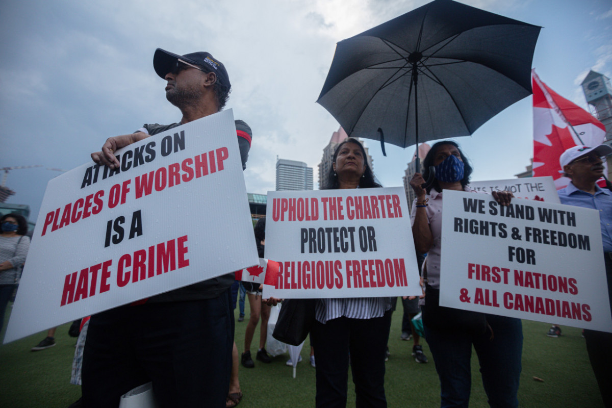 Ontario, Canada: Protesters react to the recent burnings and vandalizing of Churches. The protesters gathered this weekend  at Square One, in Mississauga. Photo: Gustavo Kralj/Gaudiumpress Images