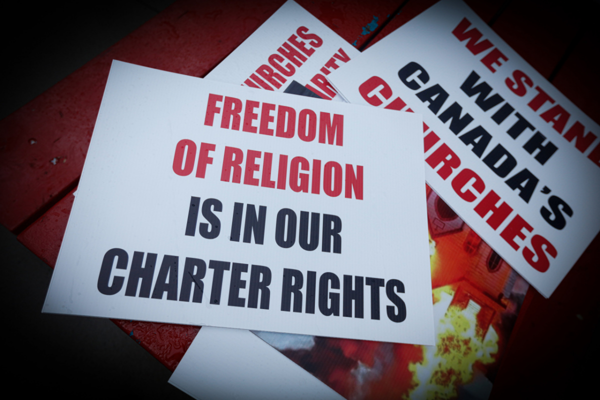 Ontario, Canada: Protesters react to the recent burnings and vandalizing of Churches. The protesters gathered this weekend  at Square One, in Mississauga. Photo: Gustavo Kralj/Gaudiumpress Images