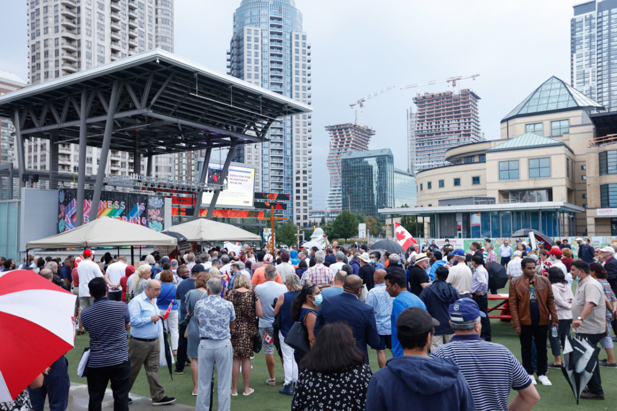 Ontario, Canada: Protesters react to the recent burnings and vandalizing of Churches. The protesters gathered this weekend  at Square One, in Mississauga. Photo: Gustavo Kralj/Gaudiumpress Images